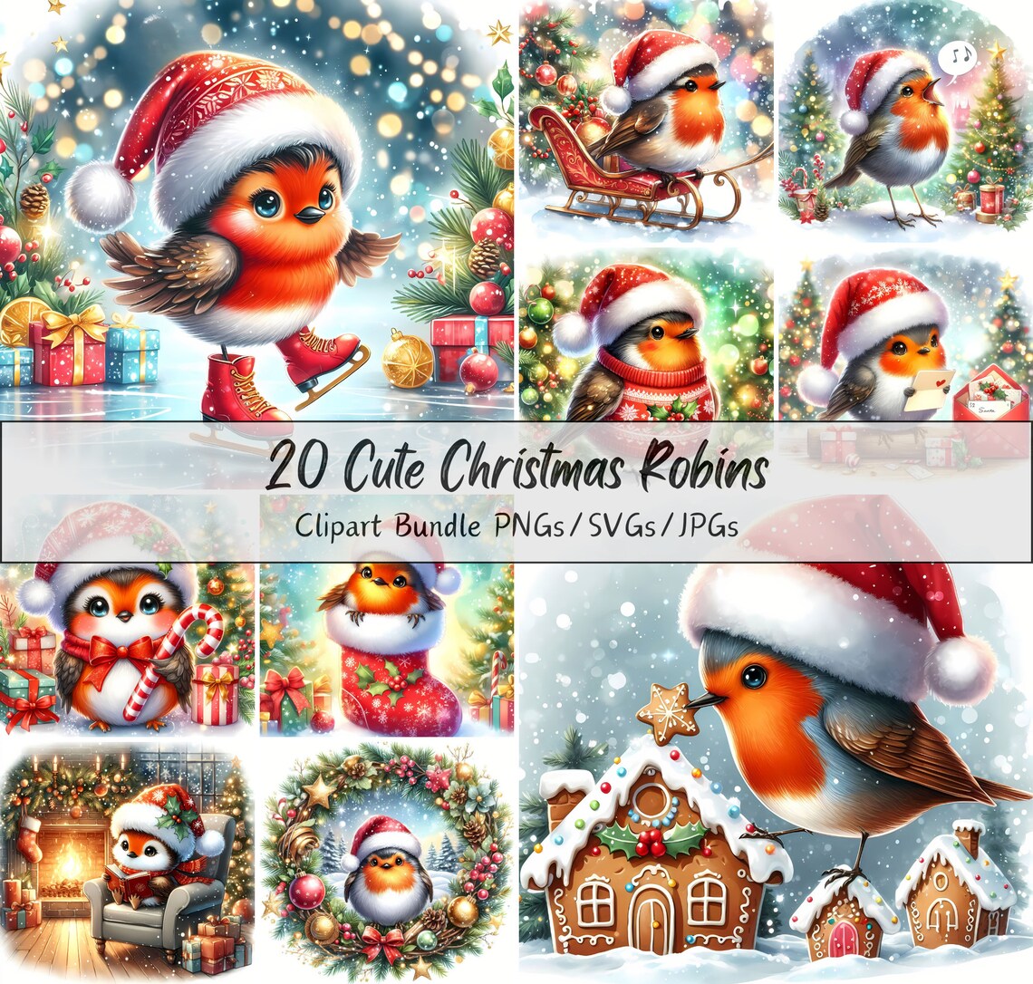 Cute Christmas Robins Clipart Bundle, Xmas Robin Clip Art Images ...