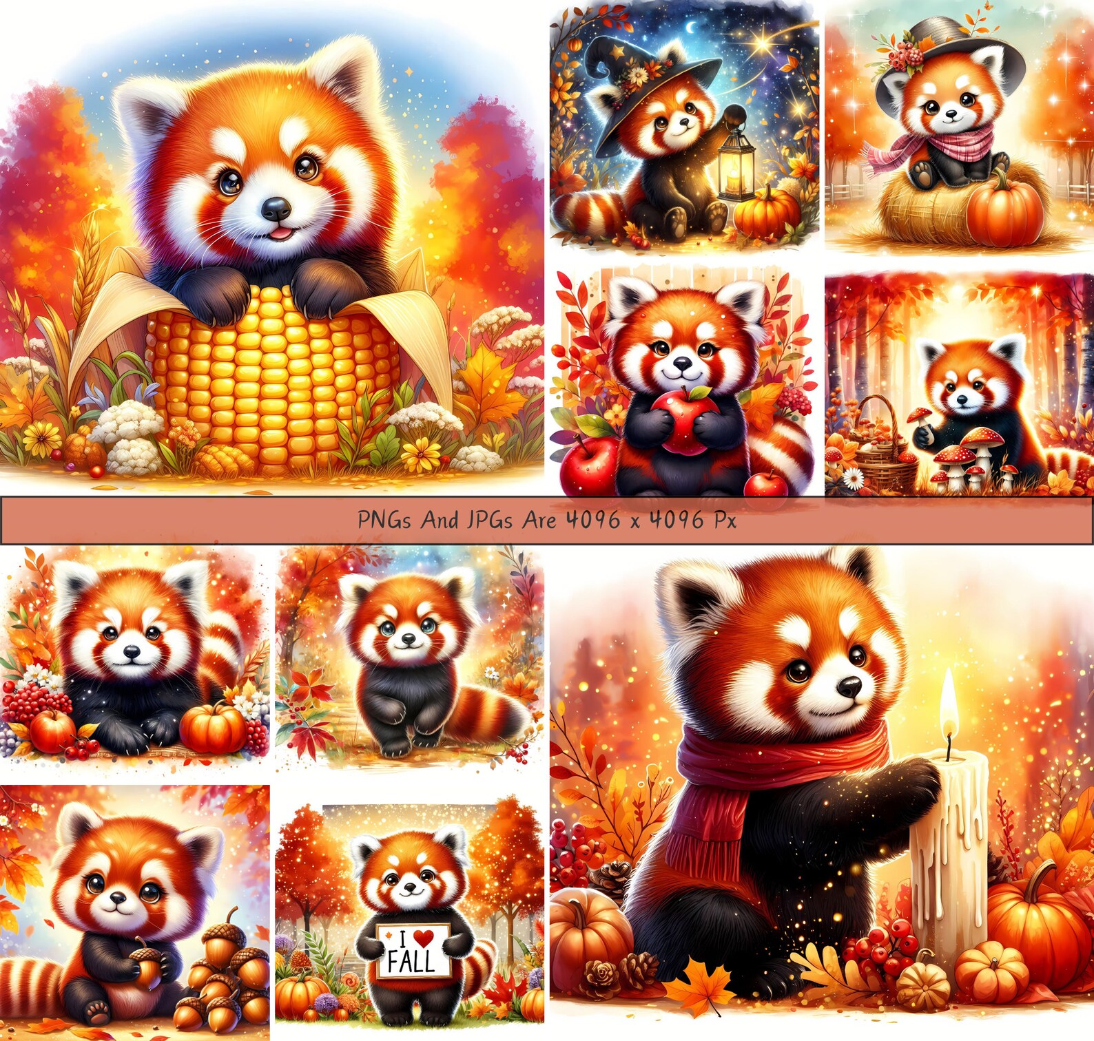 Cute Fall Red Pandas Clipart Bundle, Watercolor Panda Clip Art Images ...