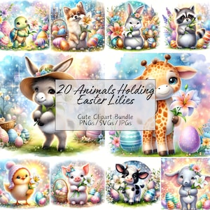 Animales lindos con imágenes prediseñadas de lirios de Pascua, imágenes de animales de acuarela de alta calidad, paquete de imágenes prediseñadas divertidas, gráficos de descarga digital, flores