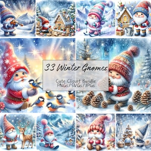 Süßes festliches Winterzwerg Clipart Bundle, Aquarell, 33 hochwertige PNGs/SVGs/JPGs, Scrapbooking, kommerzielle Nutzung, digitaler Download