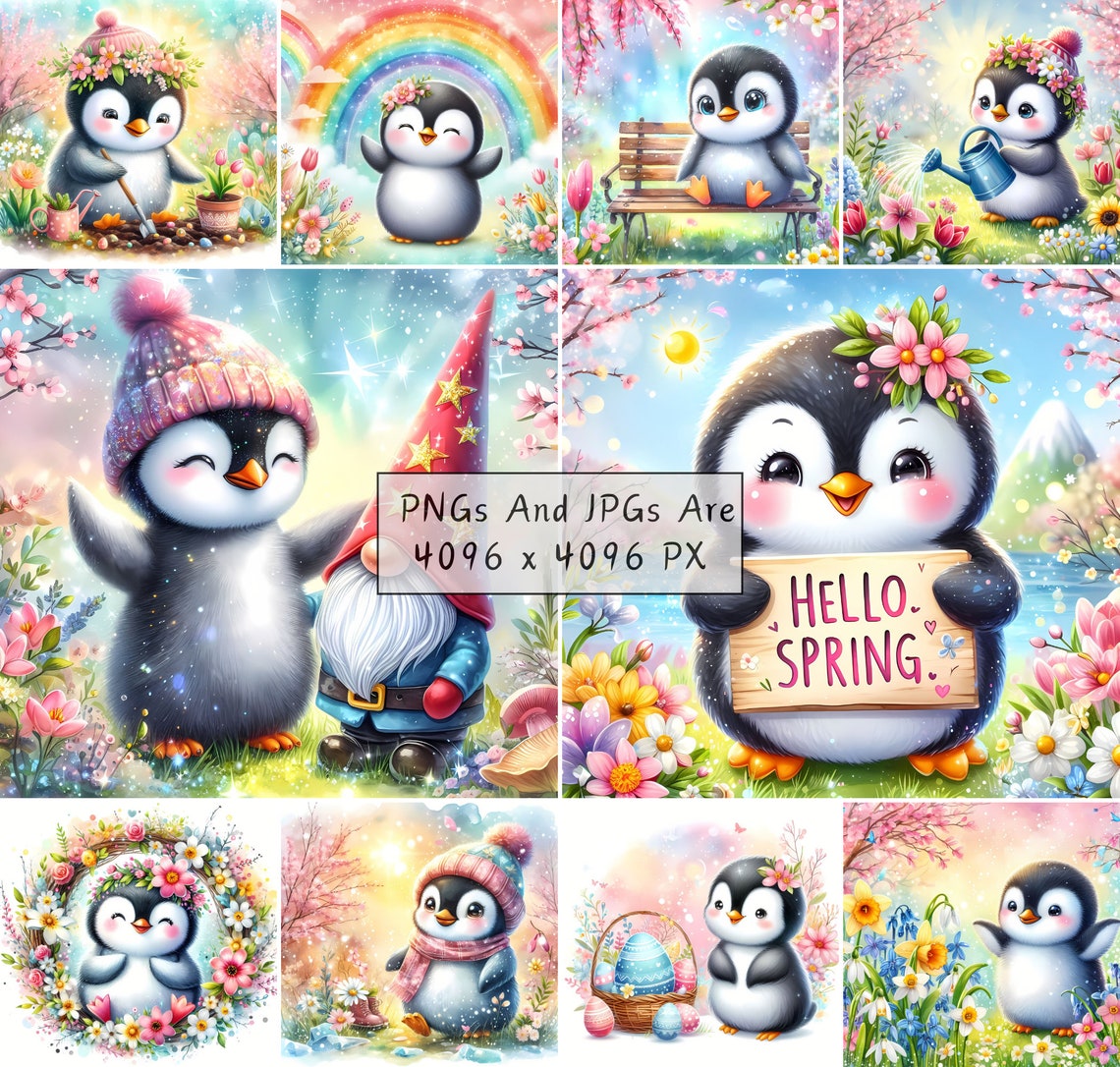 Spring Penguin Red Cute Spring Penguins Clipart Bundle, Watercolor Clip Art Images, High ...