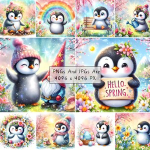 Spring Flower Penguin Cute Spring Penguins Clipart Bundle, Watercolor Clip Art Images, High ...
