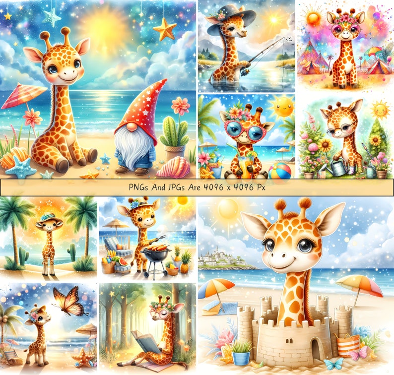 Cute Summer Giraffes Clipart Bundle, Watercolor Giraffe Clip Art Images ...