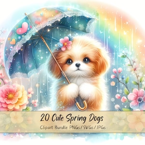 Süßes Frühlingshund-Clipart-Bundle, Aquarell-ClipArt-Bilder, 20 hochwertige PNGs/SVGs/JPGs, digitales Papierhandwerk, Kartenherstellung, Sublimation