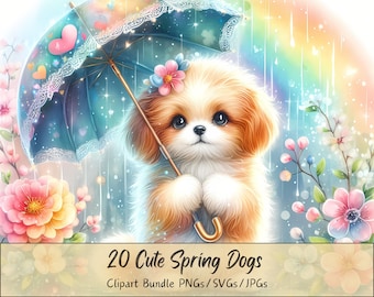 Cute Spring Dog Clipart Bundle, Watercolor Clip Art Images, 20 High Quality PNGs/SVGs/JPGs, Digital Paper Craft, Card Making, Sublimation