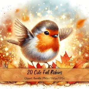 Lindo paquete de imágenes prediseñadas de Robins de otoño, imágenes prediseñadas de Robin de otoño de acuarela, archivos de animales de alta calidad, gráfico de animales digitales de aves de aves