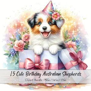 Lindo cumpleaños pastores australianos paquete de imágenes prediseñadas, imágenes prediseñadas de perros de acuarela, archivos de animales de alta calidad, descarga de perros animales digitales