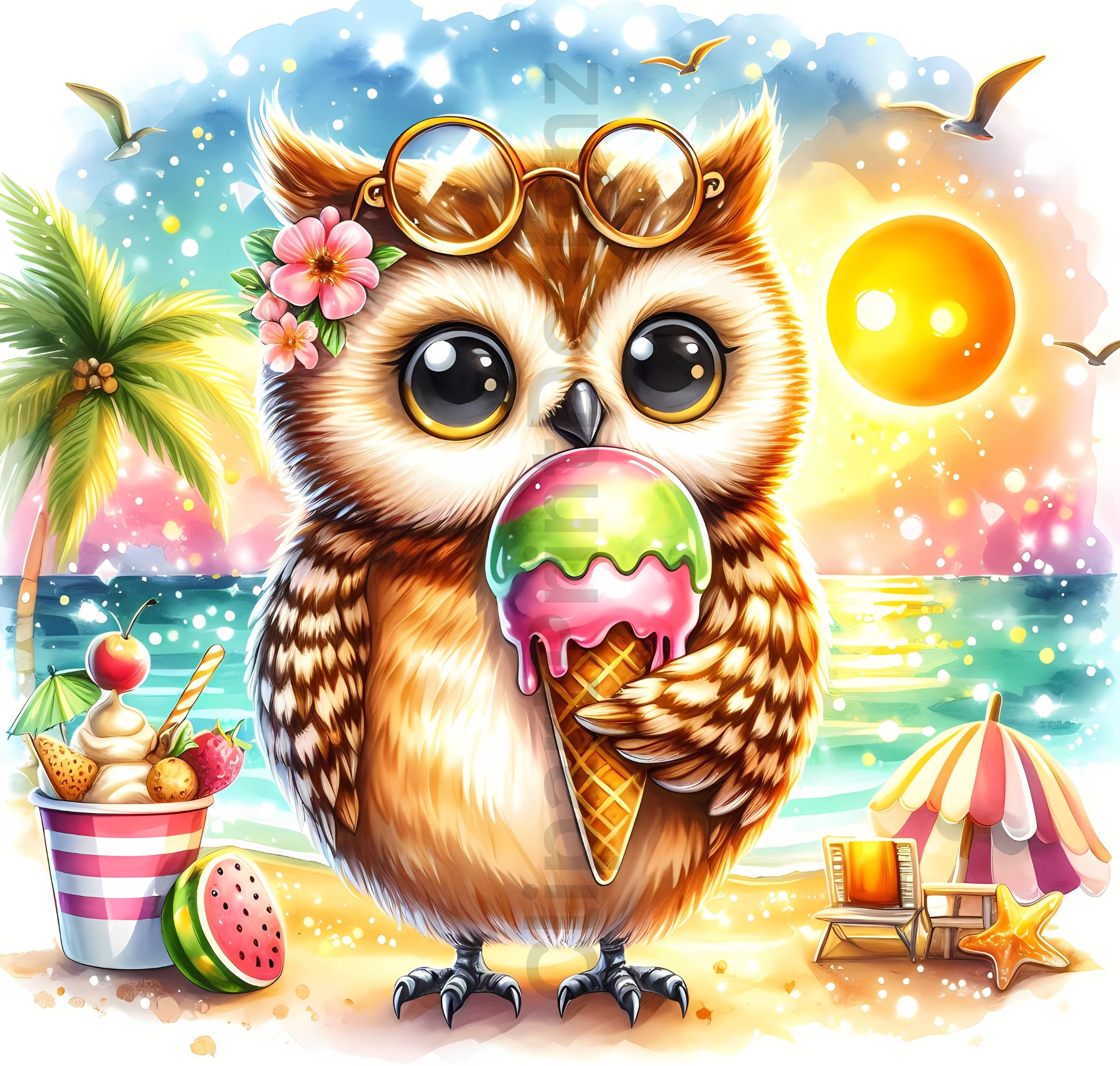 Cute Summer Owls Clipart Bundle, Watercolor Owl Clip Art Images, High ...