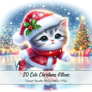 Lindo paquete de imágenes prediseñadas de gatitos navideños, imágenes prediseñadas de gatitos navideños, archivos de animales de acuarela de alta calidad, gráficos divertidos de animales festivos, gatos