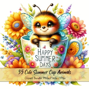 Lindo paquete de imágenes prediseñadas de animales de la copa de verano, imágenes de imágenes prediseñadas florales de acuarela, archivos únicos de alta calidad, descarga de gráficos de animales digitales
