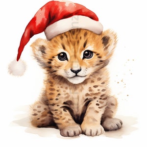 May include: A watercolor painting of a cheetah cub wearing a red Santa hat. The cub is sitting on a white background with a few gold glitter dots.