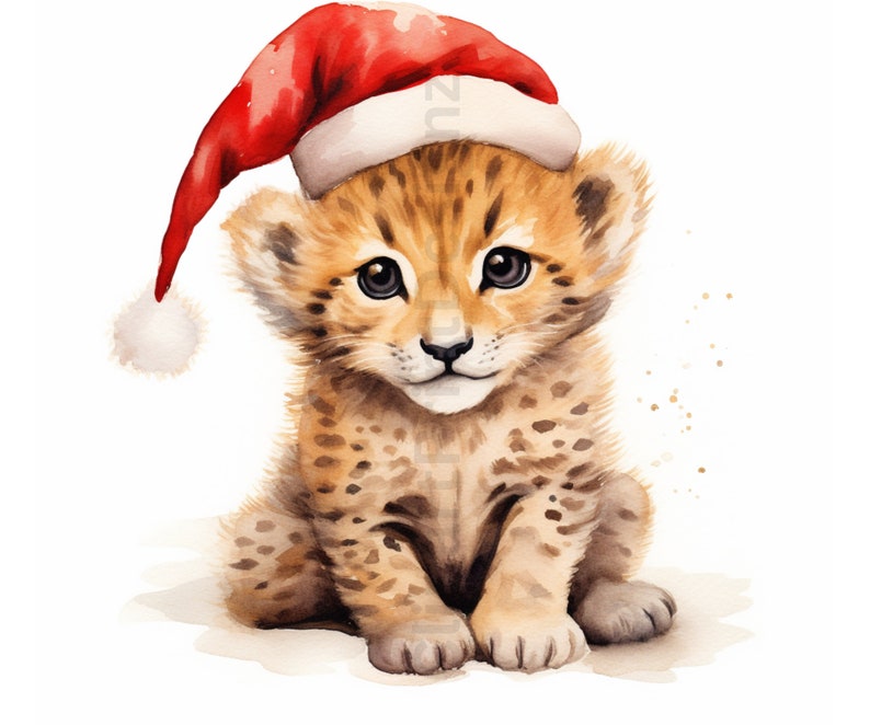 May include: A watercolor painting of a cheetah cub wearing a red Santa hat. The cub is sitting on a white background with a few gold glitter dots.