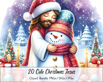 Leuke kerst Jezus clipartbundel, kerst jezus illustraties, aquarel karakterbestand van hoge kwaliteit, christelijke winter figuurafbeeldingen