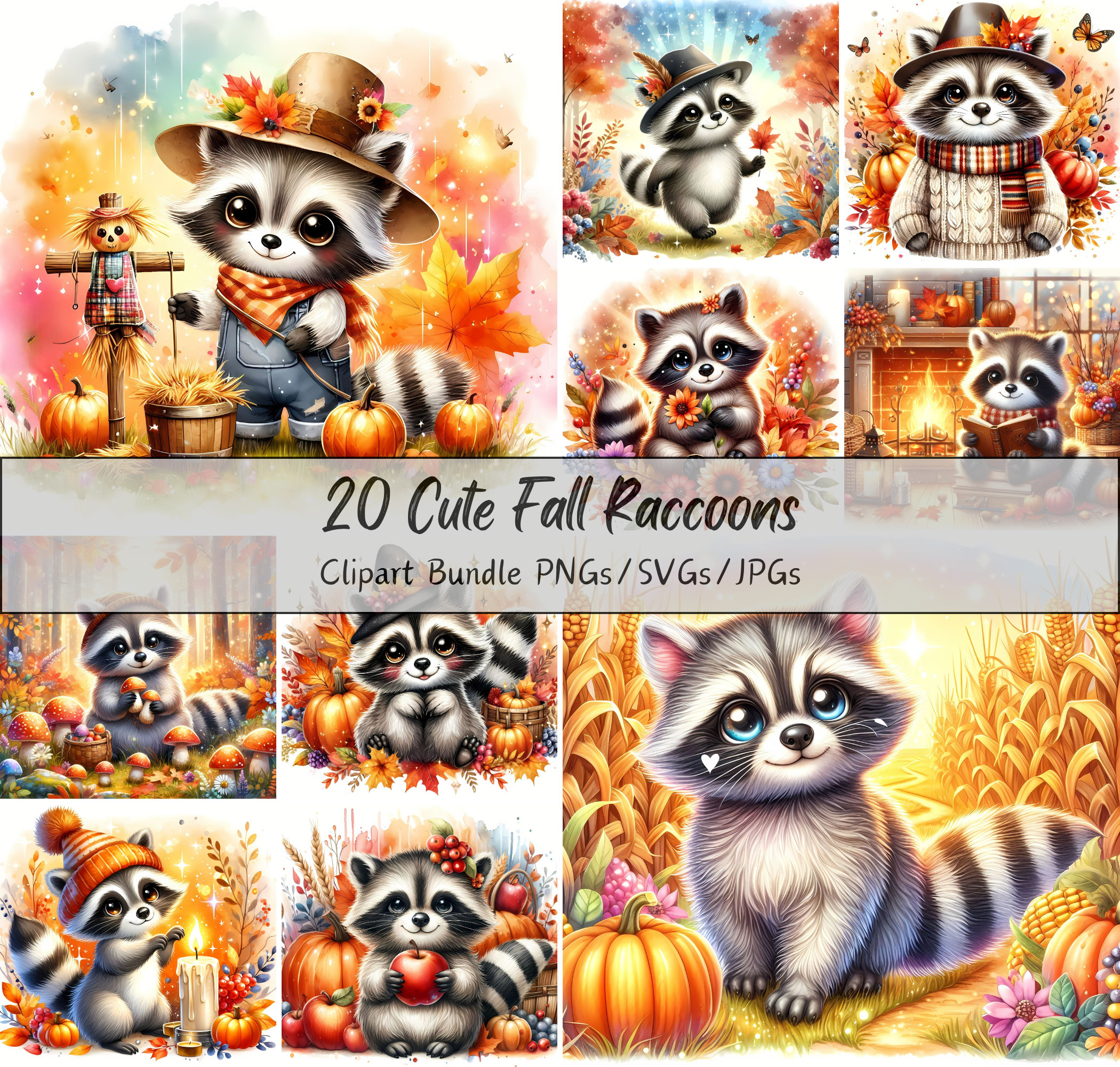 Fall Racoon Decor Cute Fall Raccoons Clipart Bundle, Watercolor Autumn Raccoon Clip Art ...