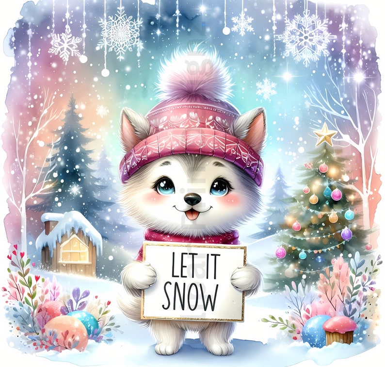 May include: A watercolor illustration of a cute husky puppy wearing a pink knit hat and scarf, holding a sign that says "LET IT SNOW." The background features a snowy winter scene with a decorated Christmas tree and a small house.