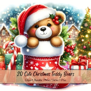 Pacchetto di clipart di simpatici orsacchiotti di Natale, immagini di clipart di orsacchiotti di Natale, file di creature di orsi acquerellati, divertente figura invernale festiva, grafica