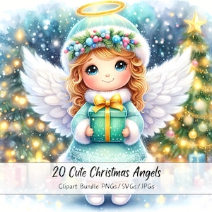 Pacchetto di clipart di angeli di Natale carini, immagini di clipart di angeli di Natale, file di caratteri di alta qualità ad acquerello, grafica di figure invernali cristiane