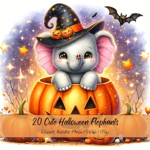 Lindo paquete de imágenes prediseñadas de elefantes de Halloween, imágenes prediseñadas de elefantes de acuarela, animales aterradores de alta calidad, descarga digital divertida de animales, otoño