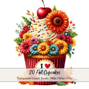 Paquete de imágenes prediseñadas de cupcakes de otoño, Imágenes prediseñadas de acuarela, Archivos de alta calidad, Descarga de gráficos de muffins digitales, Hoja de flores florales de otoño
