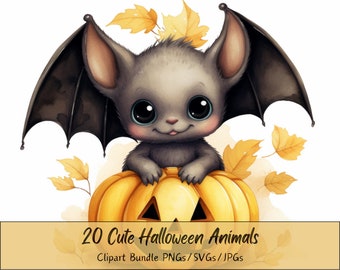 Aquarel Halloween Animal Clipart Bundel, 20 Leuke Halloween Afbeeldingen, Kwekerij Baby Dieren, PNGs/JPGs/SVGs, Commercieel Gebruik, Muis, Kat, Vleermuis,