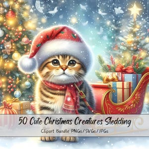 Lindo paquete de imágenes prediseñadas de criaturas navideñas en trineo, imágenes prediseñadas de Navidad, archivos de animales de criaturas de acuarela, figuras gráficas de invierno, trineo
