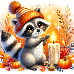 Cute Fall Raccoons Clipart Bundle, Watercolor Autumn Raccoon Clip Art ...