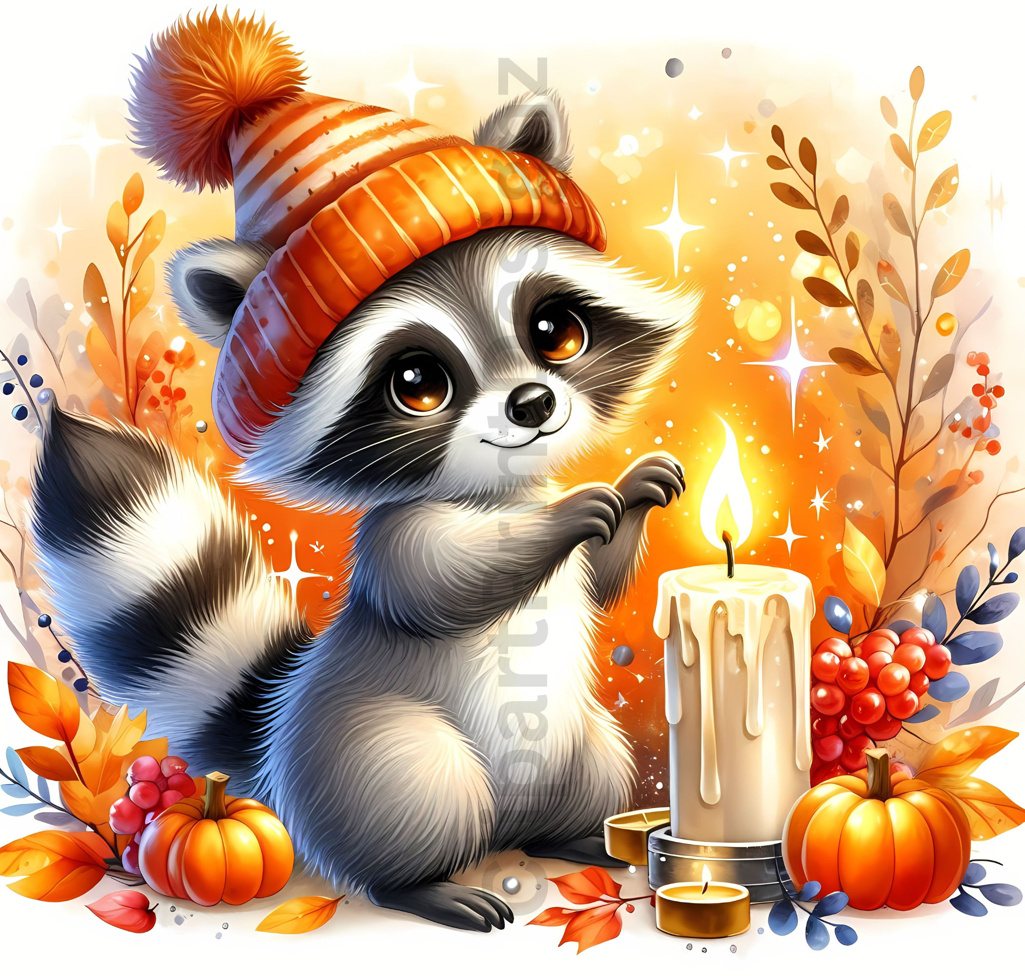 Cute Fall Raccoons Clipart Bundle, Watercolor Autumn Raccoon Clip Art ...