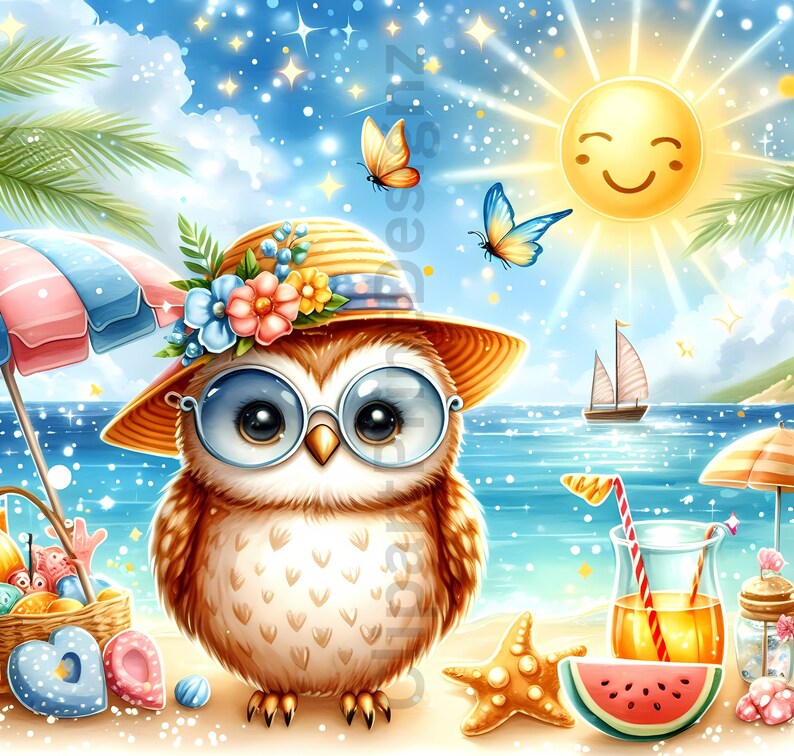 Cute Summer Owls Clipart Bundle, Watercolor Owl Clip Art Images, High ...