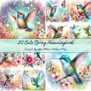 Hello Spring Hummingbird Cute Spring Hummingbirds Clipart Bundle, Watercolor Clip Art Images ...