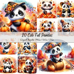 Cute Fall Pandas Clipart Bundle, Watercolor Panda Clip Art Images, High ...
