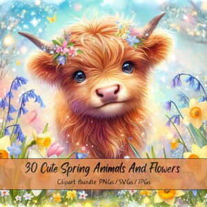 Niedliche Frühlingstiere und Frühlingsblumen Clipart-Bundle, Aquarell-ClipArt-Bilder, hochwertige Tierdateien, digitale Download-Grafiken