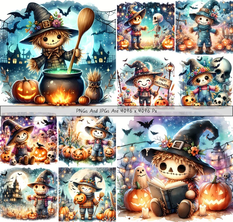 Cute Halloween Scarecrows Clipart Bundle, Watercolor Scarecrow Clip Art ...