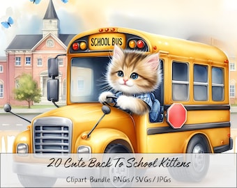 Cute Back To School Kittens Clipart Bundle, Watercolor Cat Clip Art Images, High Quality Animals File, Digital Teacher Animal Kitten, Cats