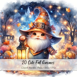 Lindo paquete de imágenes prediseñadas de gnomos de otoño, imágenes prediseñadas de gnomos de acuarela, archivos de criaturas de alta calidad, divertido gráfico digital de otoño, descargar