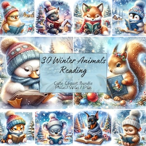 Niedliche Wintertiere lesen, Clipart-Bundle, festliche Aquarell Clip Art Bilder, 30 hochwertige PNGs / SVGs / JPGs, gemütliche Tiere lesen