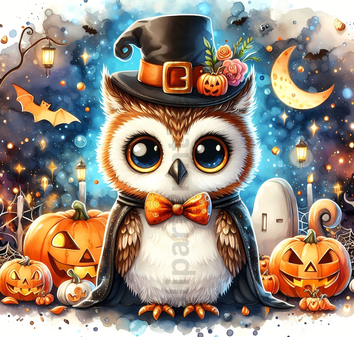 Cute Halloween Owls Clipart Bundle, Watercolor Owl Clip Art Images ...