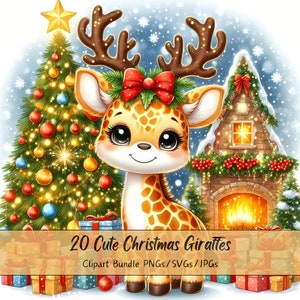Lindo paquete de imágenes prediseñadas de jirafas navideñas, imágenes prediseñadas de jirafas navideñas, archivos de animales de acuarela de alta calidad, gráficos festivos de animales de invierno