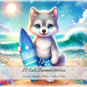 Lindo paquete de imágenes prediseñadas de lobo de verano, imágenes prediseñadas de lobos de acuarela, archivos de animales de alta calidad, divertidos gráficos de animales digitales, descarga única