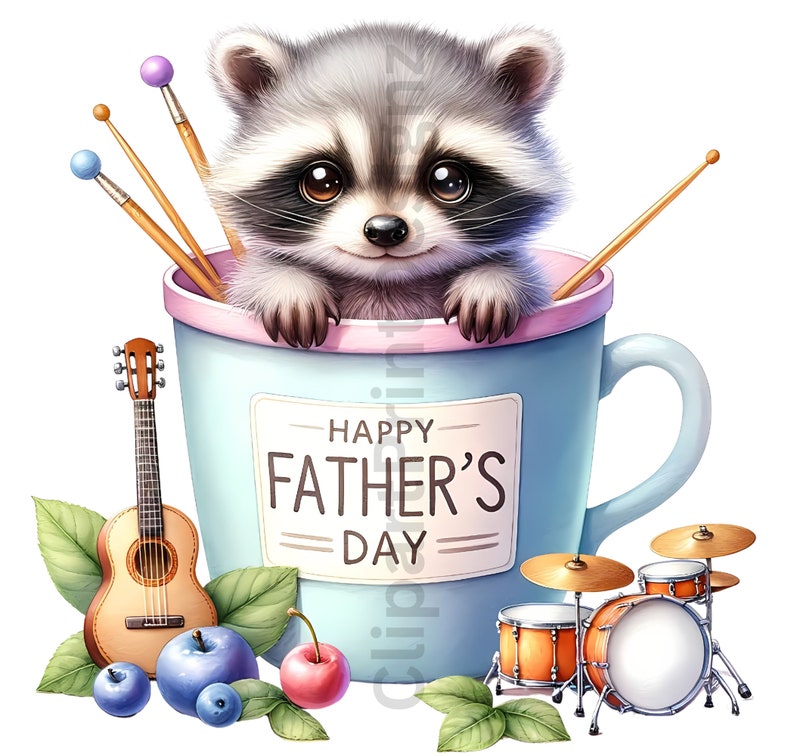 May include: A cute raccoon peeking out of a blue mug with the text "Happy Father's Day". The mug is surrounded by a guitar, drums, and berries.