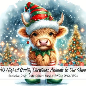 Lindo paquete de imágenes prediseñadas de animales navideños, imágenes prediseñadas de criaturas navideñas, archivos de acuarela de alta calidad, gráficos festivos de animales de invierno, s