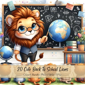 Bundle de clipart Lions mignon retour à l'école, aquarelle Lion Clip Art Images, fichier animaux de haute qualité, graphique animal professeur numérique, Unique