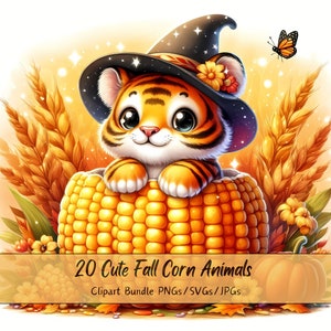 Lindo paquete de imágenes prediseñadas de animales de maíz de otoño, imágenes prediseñadas de animales de acuarela, maíz de alta calidad, archivos de descarga digital de otoño, archivo
