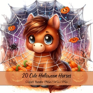 Lindo paquete de imágenes prediseñadas de caballos de Halloween, imágenes prediseñadas de caballos de acuarela, animales aterradores de alta calidad, descarga digital divertida de animales, otoño