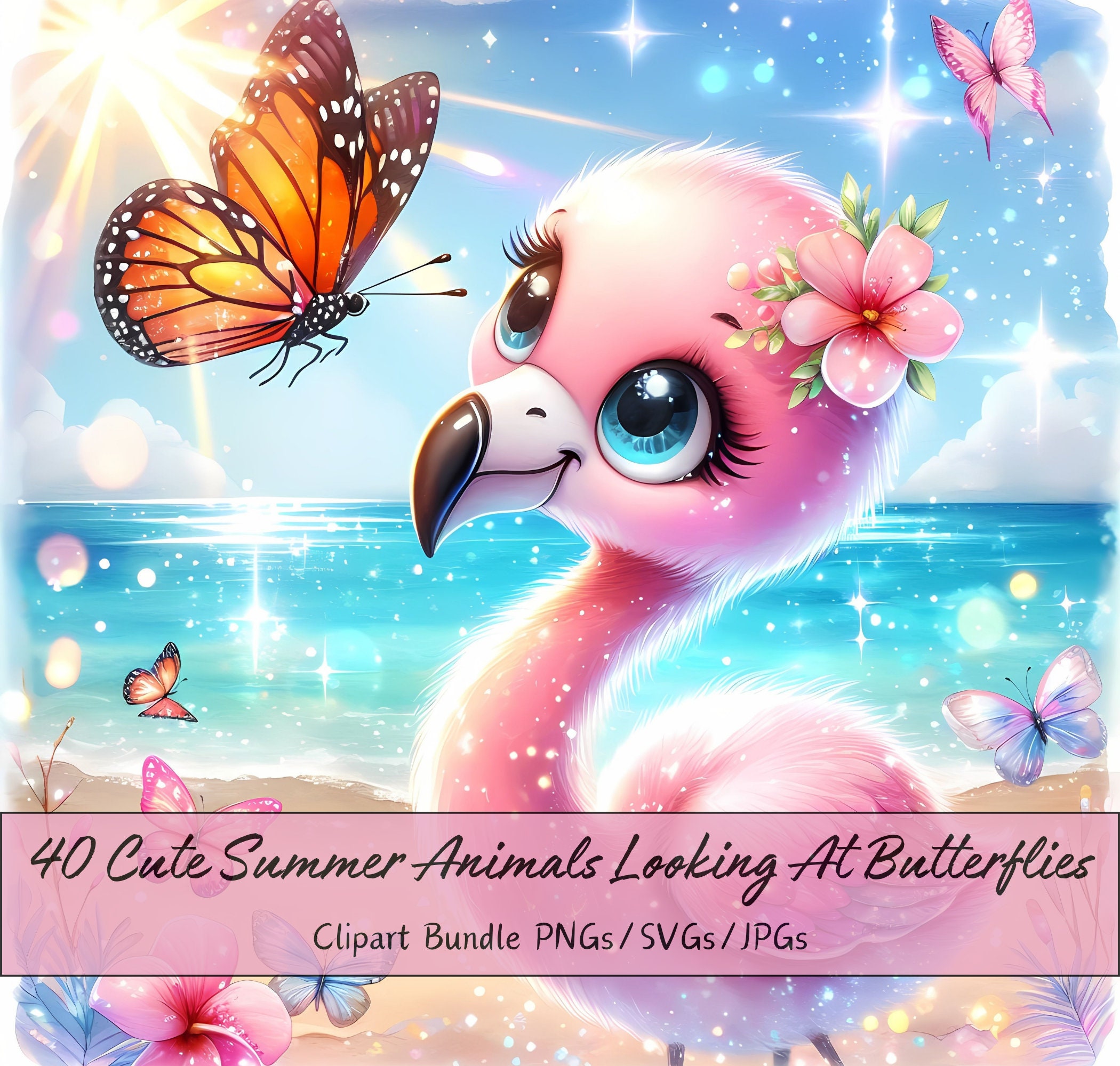 Cute Summer Animals and Butterflies Clipart Bundle, Watercolor Clip Art