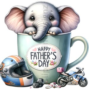 May include: A light blue mug with a white border and the text "Happy Father's Day" in a pink heart-shaped banner. A cartoon elephant is peeking over the rim of the mug. A motorcycle, a helmet, and other accessories are in the foreground.