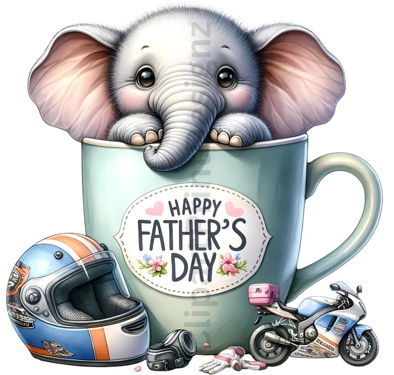 May include: A light blue mug with a white border and the text "Happy Father's Day" in a pink heart-shaped banner. A cartoon elephant is peeking over the rim of the mug. A motorcycle, a helmet, and other accessories are in the foreground.
