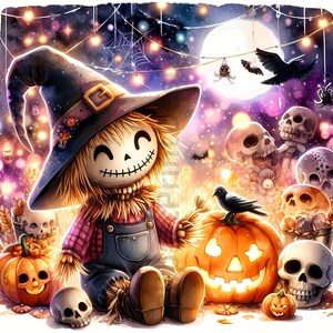 Op de afbeelding: Een glimlachende vogelverschrikker met een heksenhoed en een overall staat voor een uitgeholde pompoen en andere Halloween-decoraties. De achtergrond is een donkere, sterrenhemel met twinkelende lichtjes.