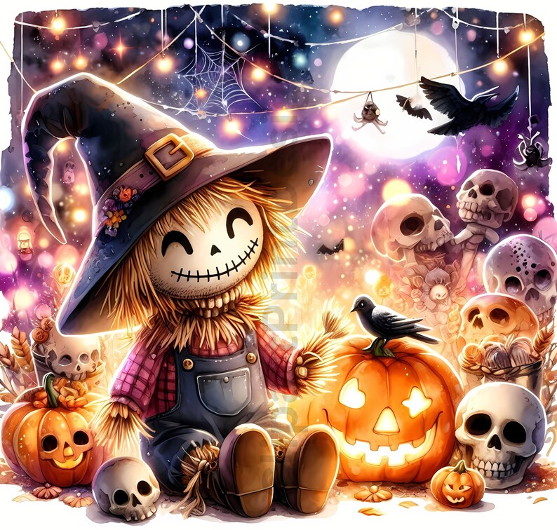 Op de afbeelding: Een glimlachende vogelverschrikker met een heksenhoed en een overall staat voor een uitgeholde pompoen en andere Halloween-decoraties. De achtergrond is een donkere, sterrenhemel met twinkelende lichtjes.
