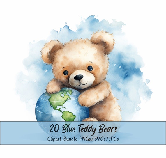 20 watercolour teddy bear clip art, bundle for commercial use, 300 dpi PNGs/JPGs/SVGs, cute blue teddy bear bundle, Baby Shower for a boy