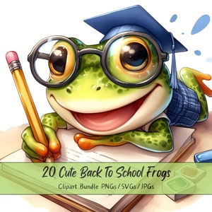 Pacote de clipart de sapos fofos de volta às aulas, imagens de clipart de sapo em aquarela, arquivos de animais de alta qualidade, gráficos digitais de animais para professores,